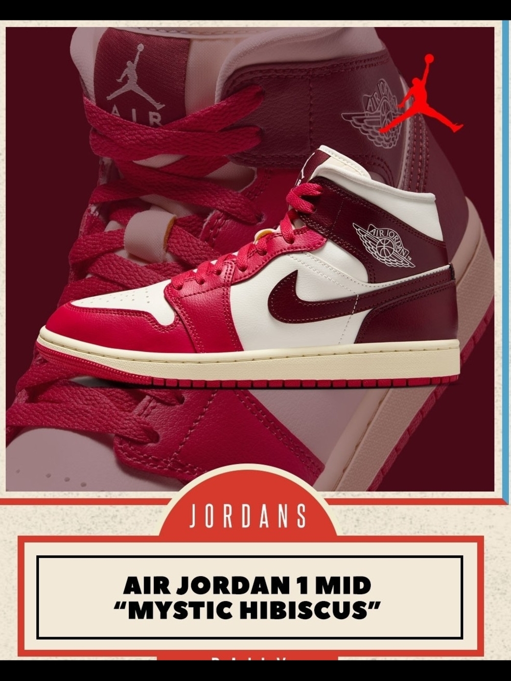 Jordan Womens 7.5 Air Jordan 1 Mid MYSTIC HIBUSCUS LE Red/Sail Pink High Top